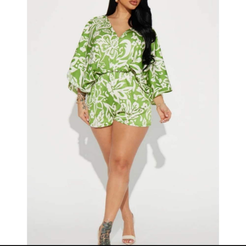 Green Floral Satin Romper